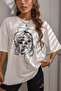 Women's White Face Print Detailed Oversize T-shirt - 2