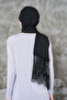 Black Crepe Chiffon Fabric with Hand Embroidery, Long Lez Lace, and Luxurious Shawl with Stones. - 2