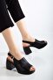 Women's Genuine Leather Thick Heeled Sandals - Black - 2