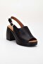 Women's Genuine Leather Thick Heeled Sandals - Black - 4