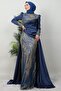 Dark Indigo Draped Cape Evening Dress