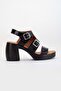 Women's Genuine Leather Buckle-Strap Thick-Heeled Sandals - Black Patent Leather - 3