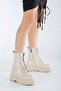 Women's Beige Lace-Up Zippered Waterproof Non-Slip Sole Boots - 3