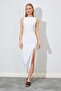 Women's Ecru Waist Fitted Long Slit Dress - 2