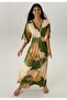 Women's Plus Size Green, Front Gipe Rubber Detail Bat Sleeve, Patterned Long Dress 65N38811