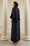 Dark Navy Blue Ferace with Gathered Beads on the Sleeve - 3