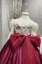 Girl's Satin Burgundy Long Evening Dress with Transparent Tulle Collar, Guipure Embroidered Shoulders and Sleeves, Bow Detail - 4