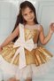 Girl's Gold Evening Dress with Bow Detail on the Front and Back, Sequin Embroidered Top and Tulle Hem - 3