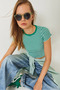Women's Green and White Striped Ribbed Camisole Basic T-Shirt 60261475