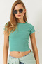 Women's Green and White Striped Ribbed Camisole Basic T-Shirt 60261475 - 4