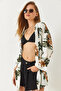 Women's Ecru Floral Patterned Short Viscose Kimono 60261498 - 3
