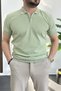 Men's Polo Neck Polo Neck Zippered Plain T-Shirt Light Green Edw261