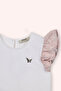 Girl's Round Neck Sleeves White T-Shirt with Ruffle Detail - 2