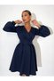 Women's Belted Elastic Waist Double Breasted Dress Navy Blue - 2