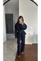 Denim Shirt Pants Suit with Collar and Belt