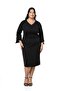 Plus Size V-Neck Midi Black Dress with Brooch and Chiffon Band Detail on Sleeve