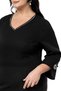 Plus Size V-Neck Midi Black Dress with Brooch and Chiffon Band Detail on Sleeve - 5