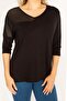 Women's Large Size Black Laser Cut Detailed Capri Sleeve Viscose Blouse 65n34631