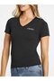 Kadın Mini Siyah V Yaka T-shirt - 3