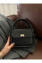 Women's Gold Lock Detailed Adjustable Strap Black Hand Shoulder and Crossbody Bag Mona - 3