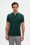Slim Fit Khaki Pique Textured Half Zip Polo Neck Summer T-Shirt