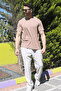 Men's Beige Winter T-Shirt 100% Cotton Modal Silky Fabric Crew Neck Breathable Texture - 3