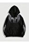 - Gothic Printed Zippered Cardigan - Black Gray Oversize Pocket Hoodie