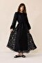 Baby Collar Balloon Sleeve Guipure Fabric Long Dress Black 9300-E - 5