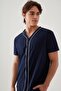 Men's Short Sleeve Cotton Shirt Collar Button Ribbed Pajamas Set - 2