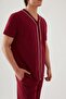 Men's Short Sleeve Cotton Shirt Collar Button Ribbed Pajamas Set - 5