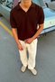 Lace-Like Knit Patched Knitwear Polo Neck T-Shirt Brown - 3