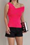 Women's Stretchy Knitwear Fabric One Shoulder Design Basic Fuchsia Blouse 0265 - 3