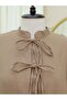 Half Placket Lace up Elastic Sleeve Muslin Dress - Light Brown - 4