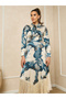 Print Long Sleeves Shirt Midi Dress with Fringe Hem - 3