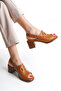 Genuine Leather Tan Buckle Detailed Women's Heeled Sandals Tmd 2025778