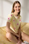 Sarı-Çok Renkli Çiçekli ve Çizgili Baby Overlok Detaylı Şortlu Örme Pijama Takımı THMSS25PT00205