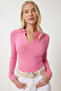 Women's Pink Polo Neck Ribbed Knitted Blouse GT00111