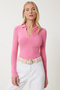 Women's Pink Polo Neck Ribbed Knitted Blouse GT00111 - 3