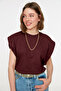 Bordo %100 Pamuk Vatka Görünümlü Basic Bisiklet Yaka Örme T-Shirt TWOSS20TS0021 - 2