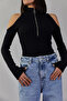 Zippered Ribbed Flexible Blouse with Shoulder Detail - 2