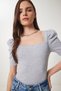 Women's Gray Melange Square Neck Ribbed Crop Blouse GT00007 - 2