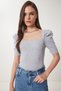 Women's Gray Melange Square Neck Ribbed Crop Blouse GT00007