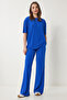 Women Dark Blue Oversize Knitted T-Shirt Pants Suit Fn03452