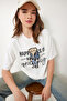 Women's Ecru Teddy Bear Embroidered Cotton Oversize Knitted T-Shirt Cr00461 - 2