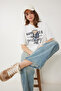Women's Ecru Teddy Bear Embroidered Cotton Oversize Knitted T-Shirt Cr00461