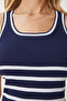 Women's Navy Blue White Striped Knitwear Blouse Fn03451 - 4
