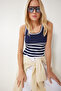 Women's Navy Blue White Striped Knitwear Blouse Fn03451