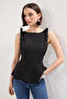 Siyah Sıfır Kol Peplum Belden Oturmalı Omuz Fiyonk Detaylı Örme Bluz TWOSS25BZ00482