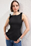 Siyah Sıfır Kol Peplum Belden Oturmalı Omuz Fiyonk Detaylı Örme Bluz TWOSS25BZ00482 - 2