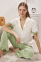 Ekru-Yeşil %100 Pamuklu Fırfır Detaylı Örme Pijama Takımı THMSS24PT00223 - 2